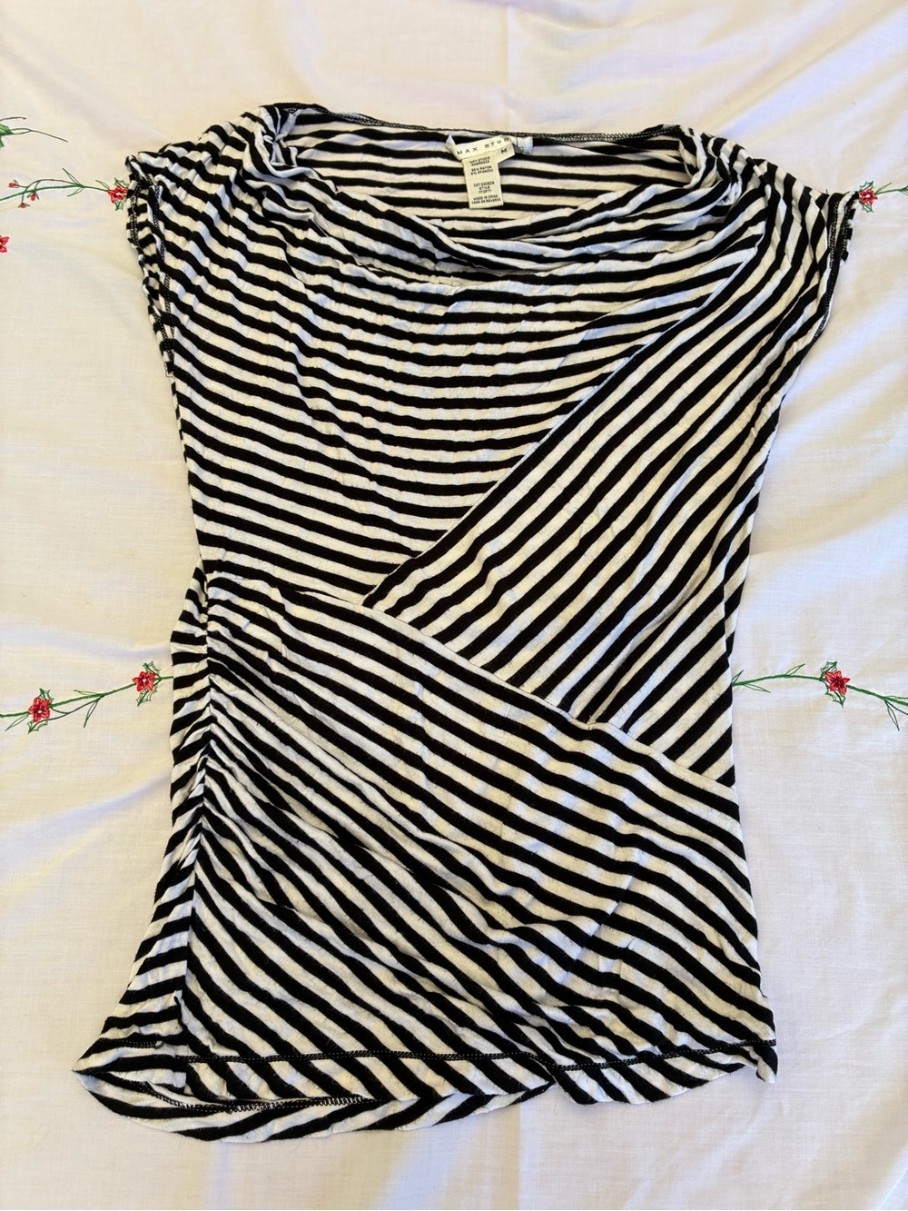 Max Studio Black & White Striped Short Sleeve Draped Top medium